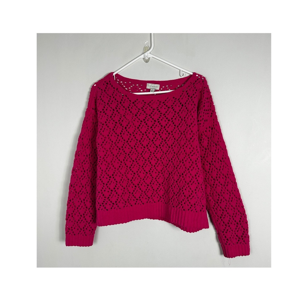 Lucky Brand Open Knit Bold Pink Chenille Pointelle Sweater Womens Sz Small Boho